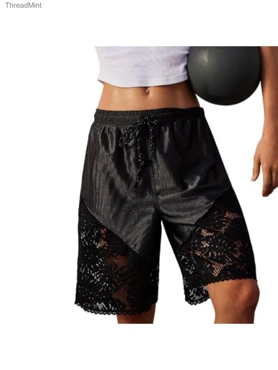 Pants - Lace Trim High Waisted Bermuda Shorts Y2K Drawstring Loose Fit Women's Summer